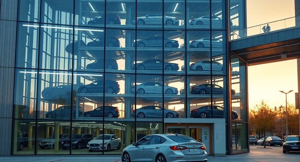 Stack of cars parked horizontally
