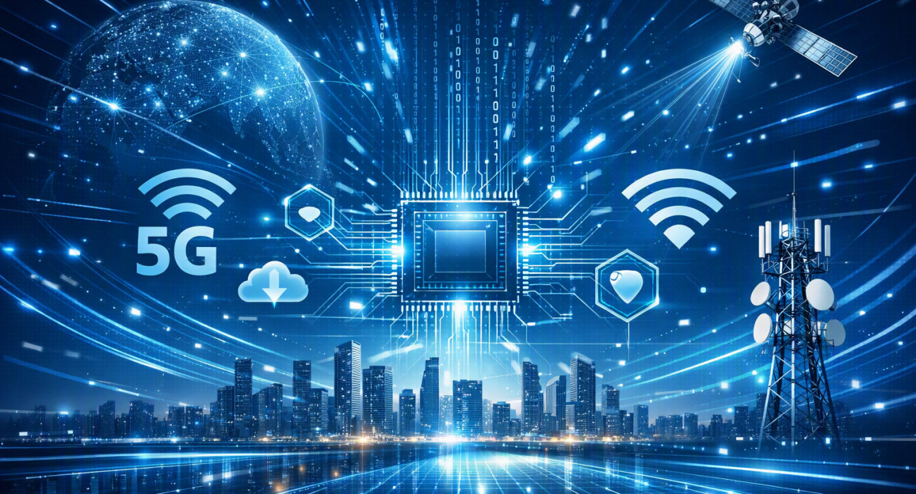 Wireless communication icons over a city