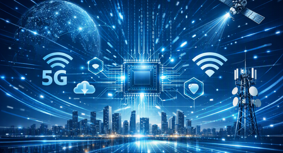 Wireless communication icons over a city