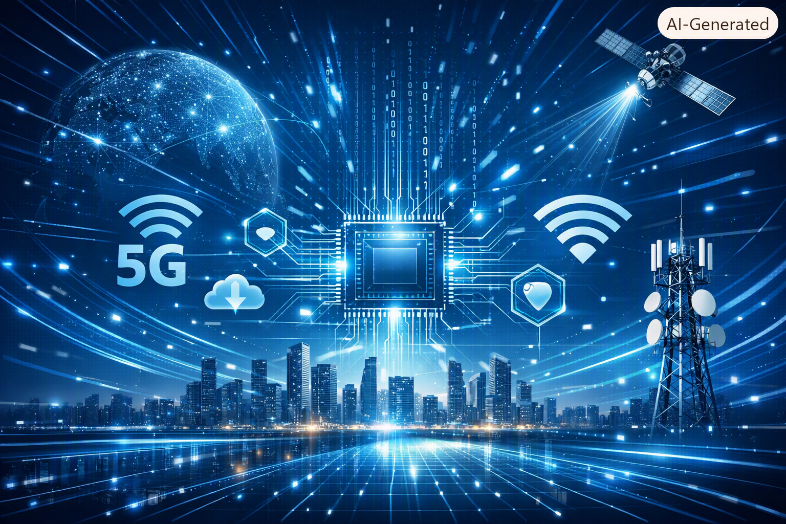 Wireless communication icons over a city